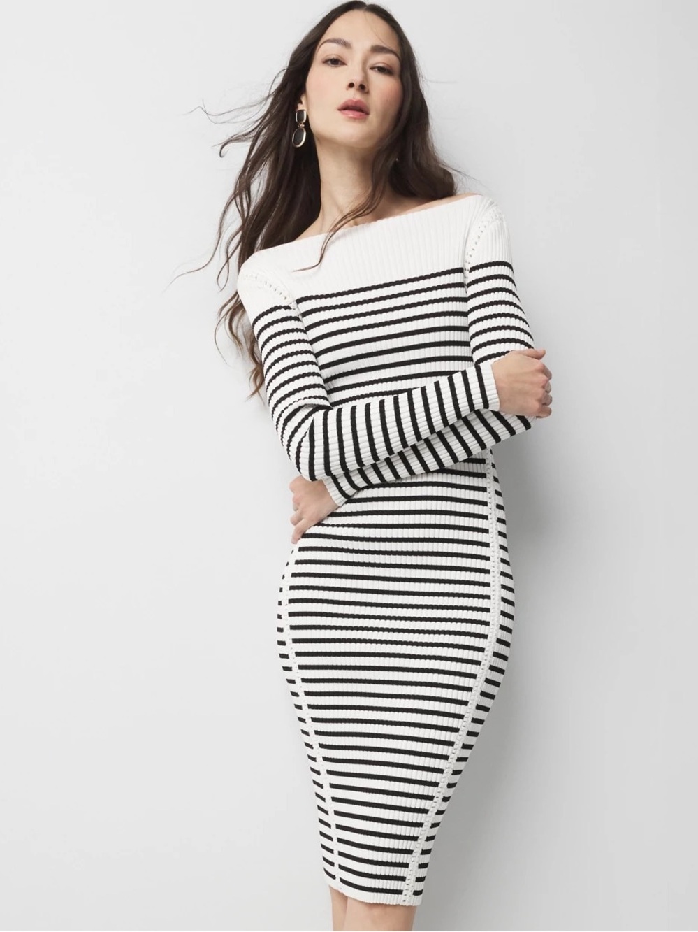 White House Black Market Black & White Striped Boatneck Knit Dress